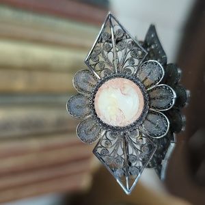 Victorian Filigree Antique Sterling Silver Carved Pink Cameo C Clasp Brooch Pin
